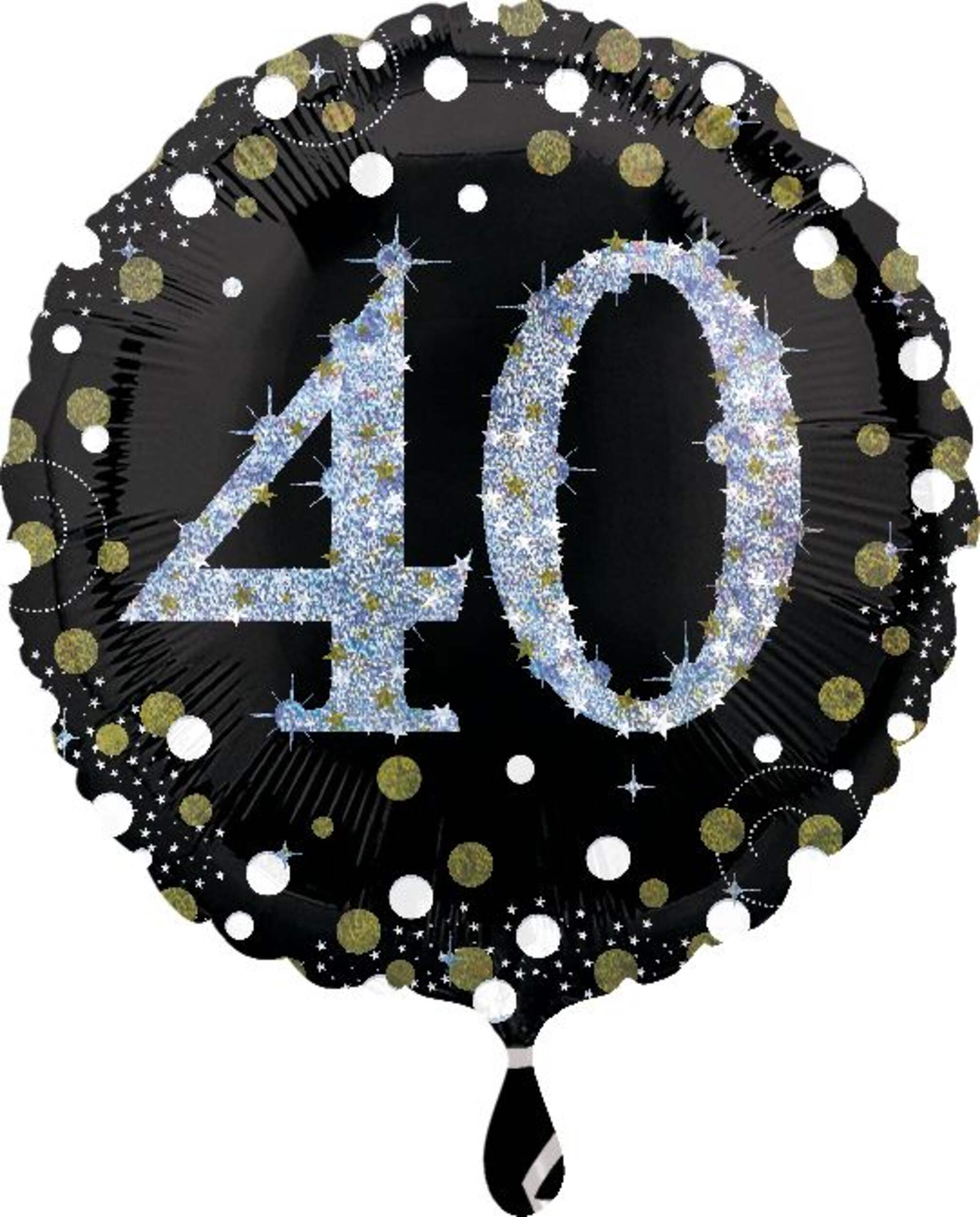 Sparkling Celebration "40" Round Satin Foil Balloon, Black/Gold, Polka Dot, 18-in, Helium Inflation & Ribbon Included for Birthday Party Front_Flat