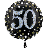 Ballon en aluminium satiné rond célébration étincelante 50, noir/or, à pois, 18 po, gonflement à l'hélium et ruban inclus, pour fête d'anniversaire Front_Flat