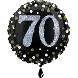 Ballon en aluminium satiné rond célébration étincelante 70, noir/or, à pois, 18 po, gonflement à l'hélium et ruban inclus, pour fête d'anniversaire Front_Flat