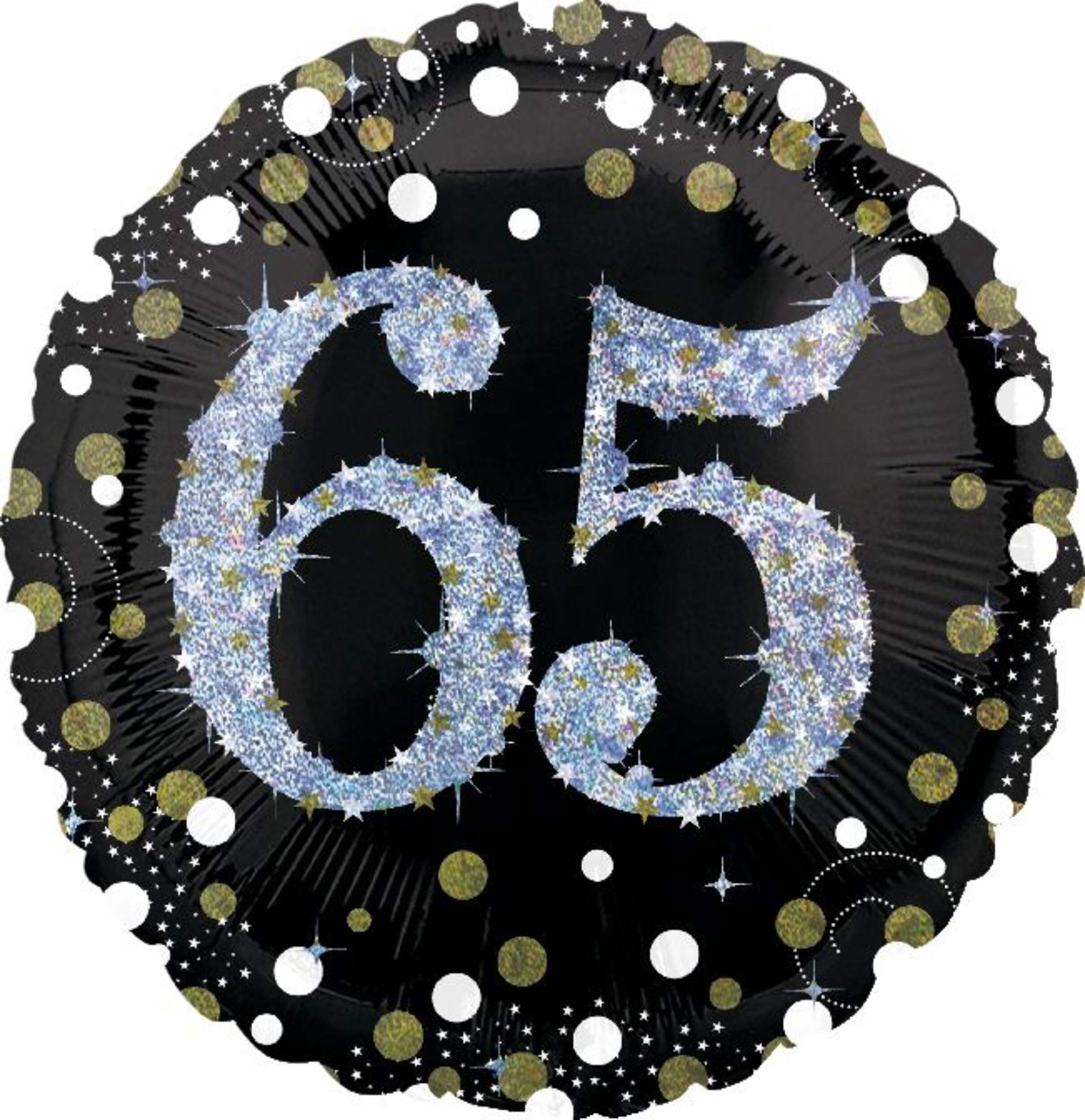 Ballon en aluminium satiné rond célébration étincelante 65, noir/or, à pois, 18 po, gonflement à l'hélium et ruban inclus, pour fête d'anniversaire Front_Flat