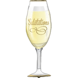 Ballon en aluminium satiné verre à vin et champagne français Salutations, or/argent, 28 po, gonflement à l'hélium et ruban inclus, pour veille du jour de l'An/anniversaire Front_Flat