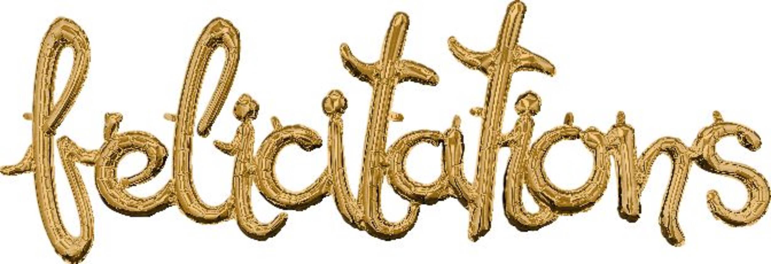 Banderole de ballons de lettres attachées gonflées à l'air, Félicitations, doré Front_Flat