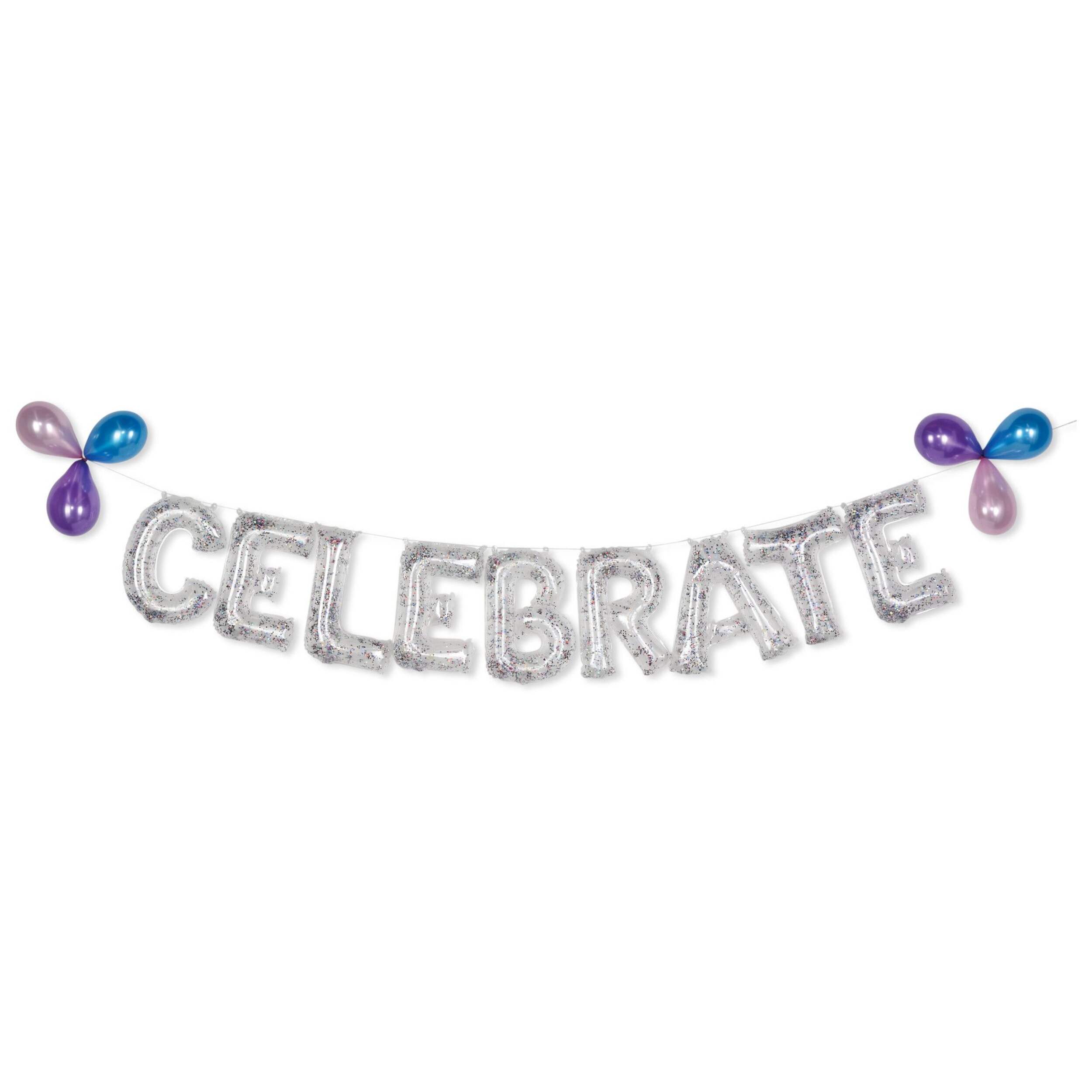 "Celebrate" Letters Transparent Confetti Foil Balloon Banner, Silver, 8.5-in, Air-Filled for Engagement/Wedding/Birthday Front_Flat