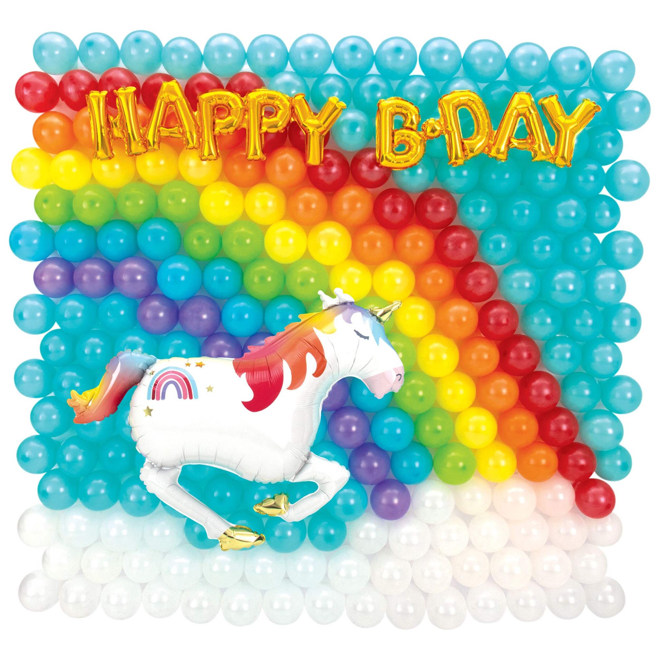 Trousse d'arche guirlande en ballon en latex toile de fond licorne arc-en-ciel Happy B-Day, rouge/orange/jaune/vert/bleu/violet, pour fête d'anniversaire Front_Flat