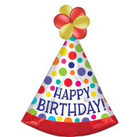 "Happy Birthday" Party Hat Satin Foil Balloon with Accented Latex Balloons, Multi-Coloured, Polka Dot, 26x37-in, Air-Filled for Birthday Party Front_Flat