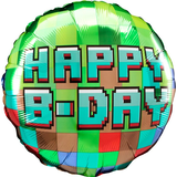 Pixel Party "Happy B-Day" Round Satin Foil Balloon, Green/Brown, 18-in, Helium Inflation & Ribbon Included for Birthday Party Front_Flat