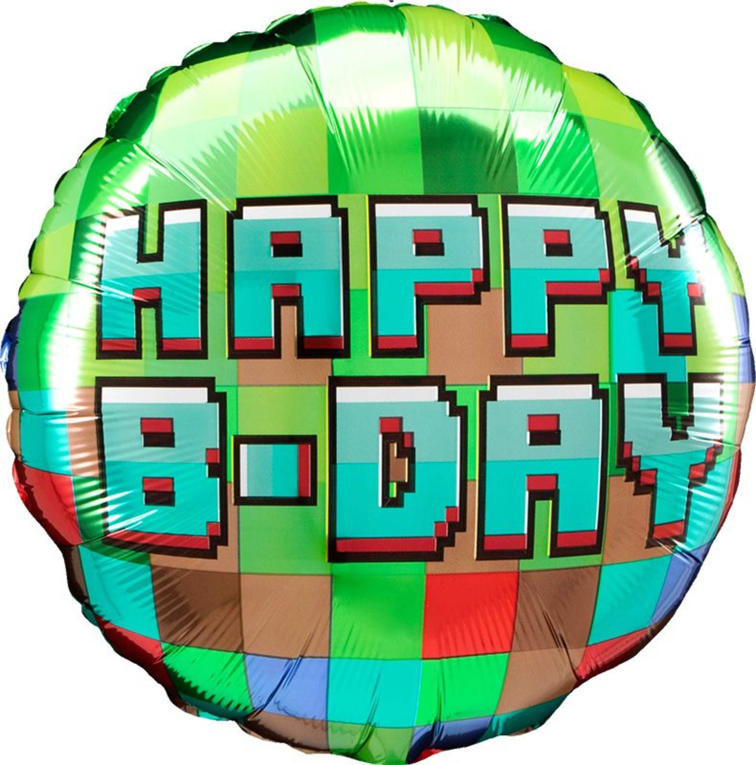 Ballon en aluminium satiné rond Pixel Party Happy B-Day, vert/brun, 18 po, gonflement à l'hélium et ruban inclus, pour fête d'anniversaire Front_Flat