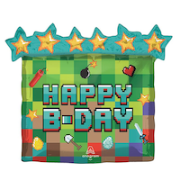 Pixel Party 'Happy B-Day' Square Satin Foil Helium Balloon, Green, 24-in, Helium Inflation & Ribbon Included for Birthday Party Front_Flat