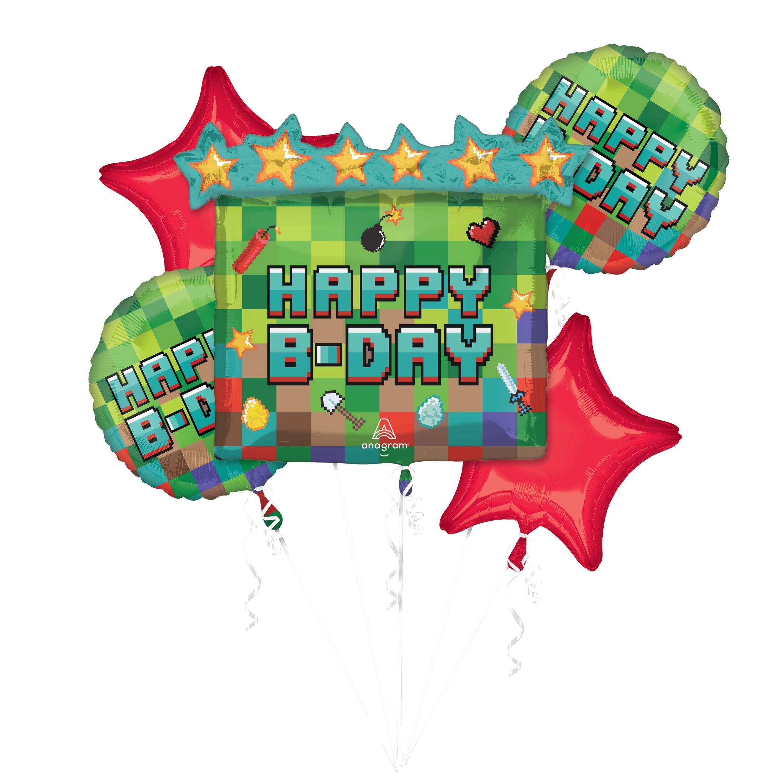Pixel Party 'Happy B-Day' Star/Square/Round Satin Foil Balloon Bouquet, Green/Red, 5-pk, Helium Inflation & Ribbon Included for Birthday Party Balloon Bouquet Front_Flat