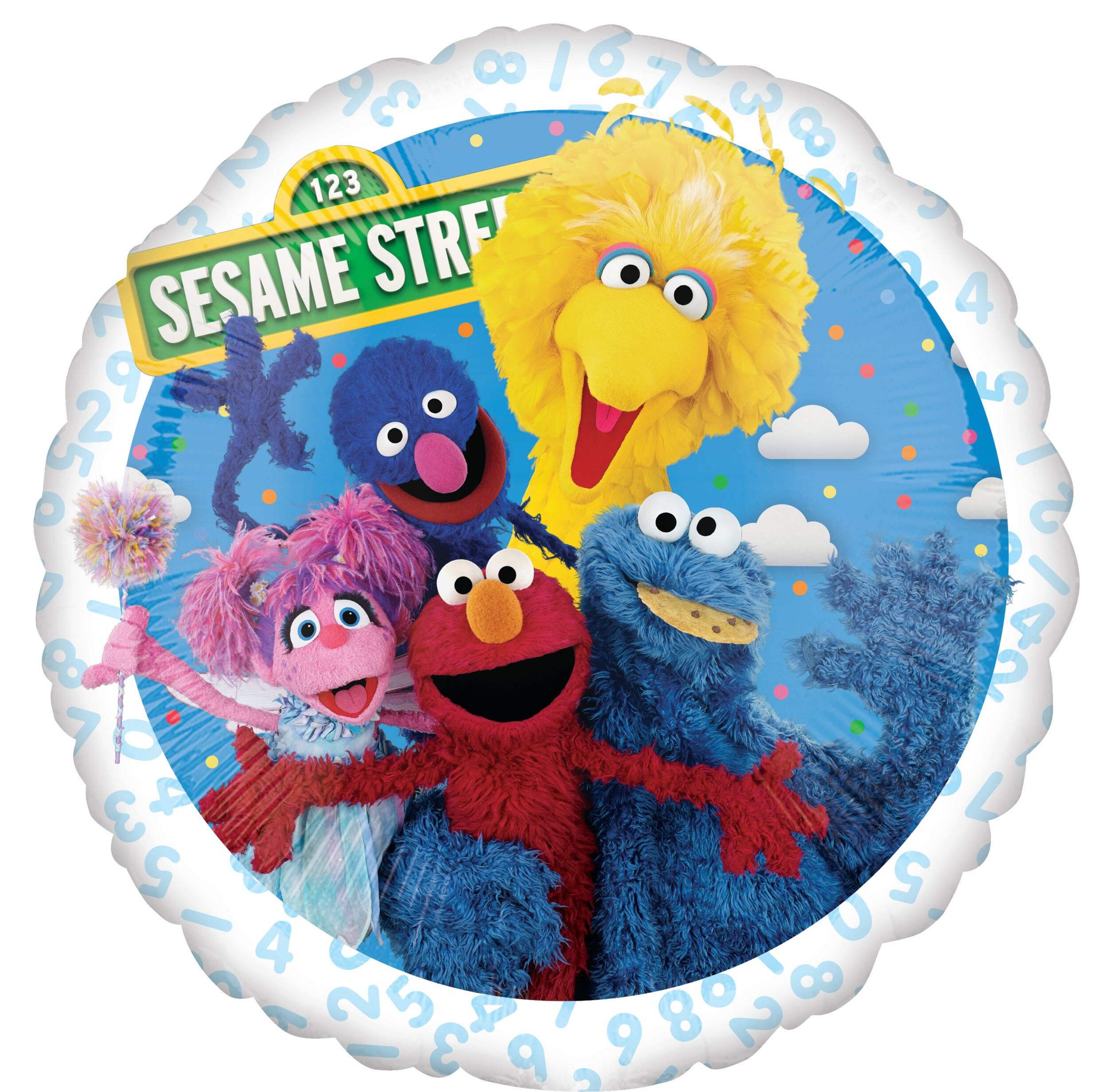 Sesame Street Elmo/Big Bird/Cookie Monster Round Satin Foil Balloon, Blue, 18-in, Helium Inflation & Ribbon Included for Sesame Street Birthday Party Front_Flat