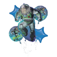 Bouquet de ballons en aluminium satiné étoile/rond Disney Lightyear Buzz, bleu/vert, paq. 5, gonflement à l'hélium et ruban inclus, pour fête d'anniversaire