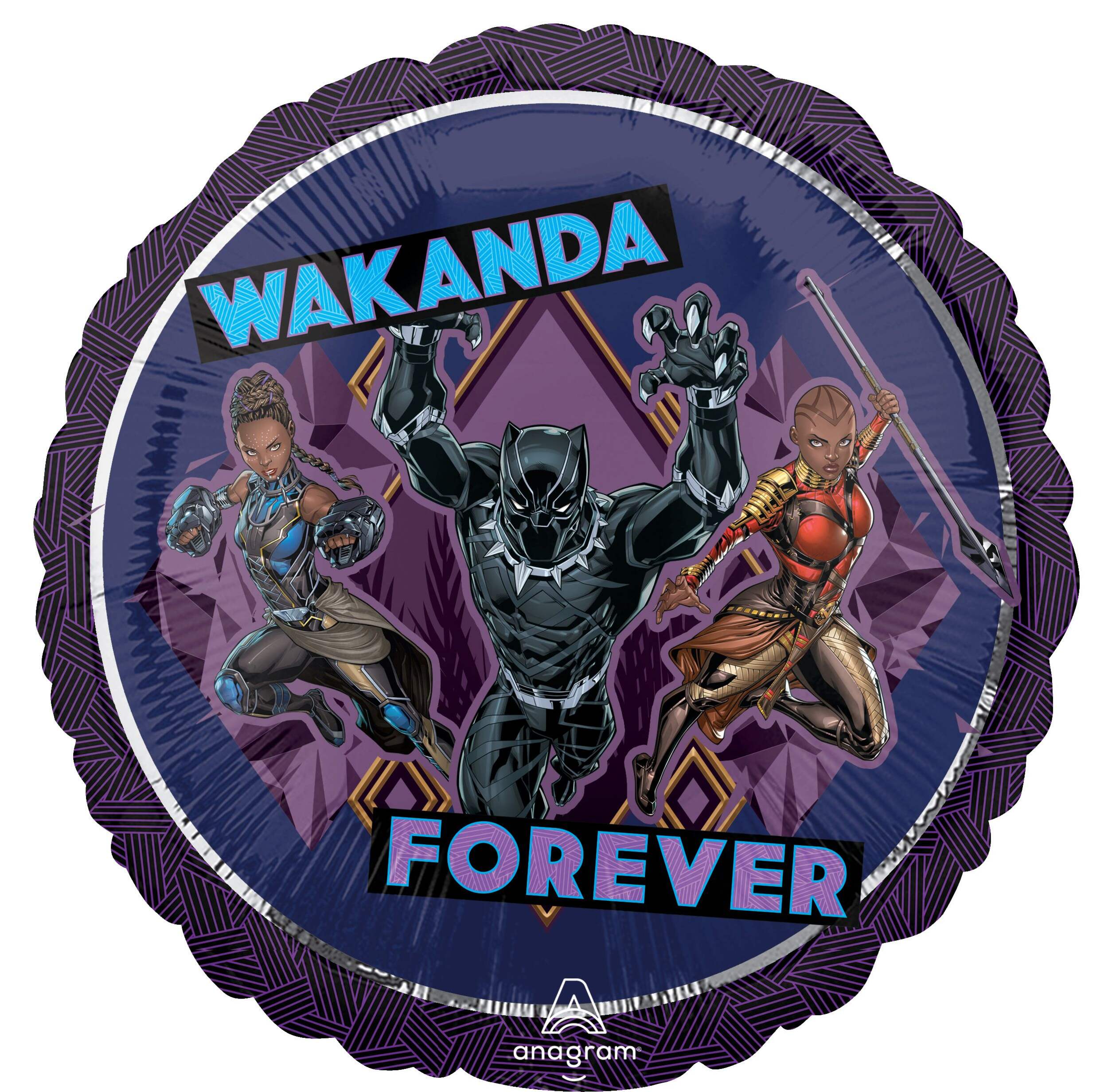 Disney Marvel Black Panther "Wakanda Forever" Round Satin Foil Balloon, Purple, 18-in, Helium Inflation & Ribbon Included for Birthday Party Front_Flat
