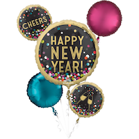 Bouquet de ballons en aluminium satiné rond Happy New Year, multicolore, à pois, paq. 5, gonflement à l'hélium et ruban inclus, pour veille du jour de l'An Front_Flat