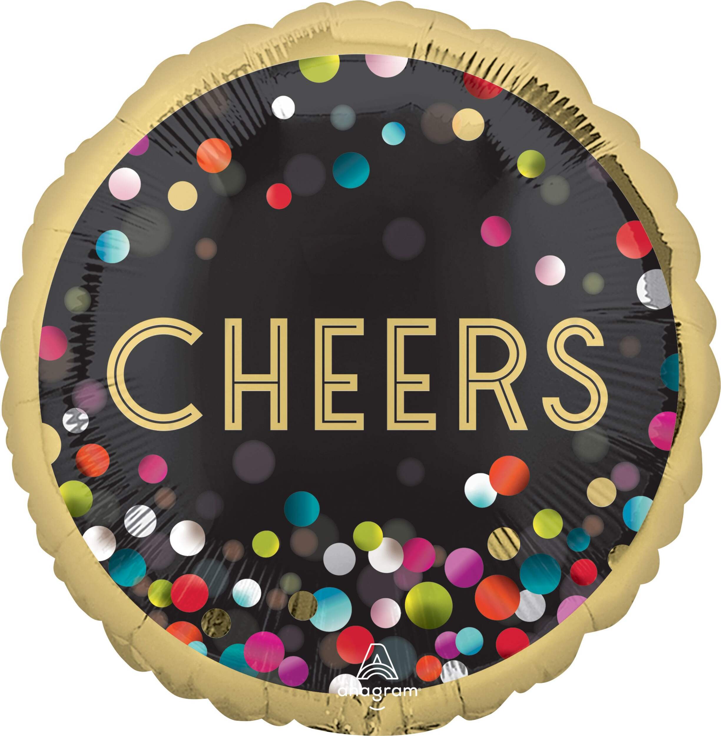 "Cheers" Round Satin Foil Balloon, Black/Gold, Colourful Confetti, 18-in, Helium Inflation & Ribbon Included for New Year's Eve Front_Flat