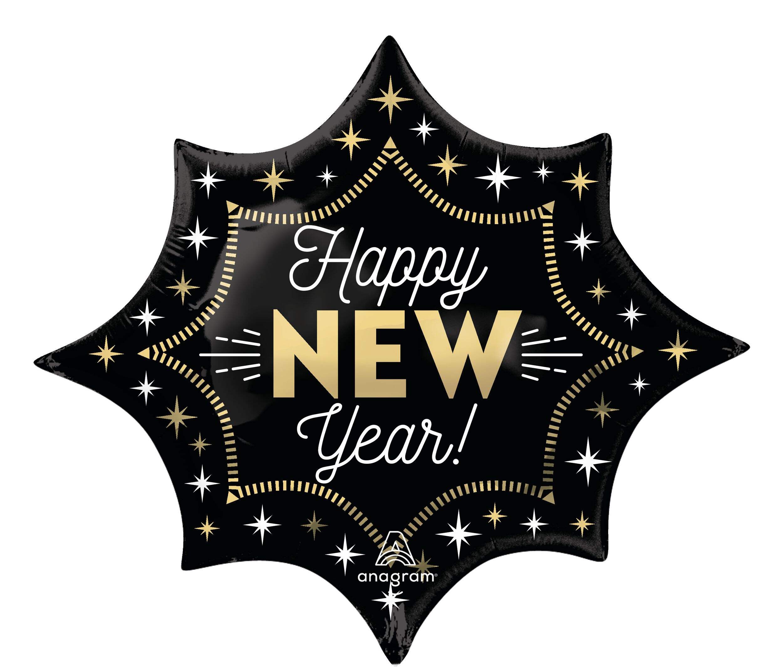 "Happy New Year" Star Satin Foil Balloon, Gold/Black, 35-in, Helium Inflation & Ribbon Included for New Year's Eve Front_Flat