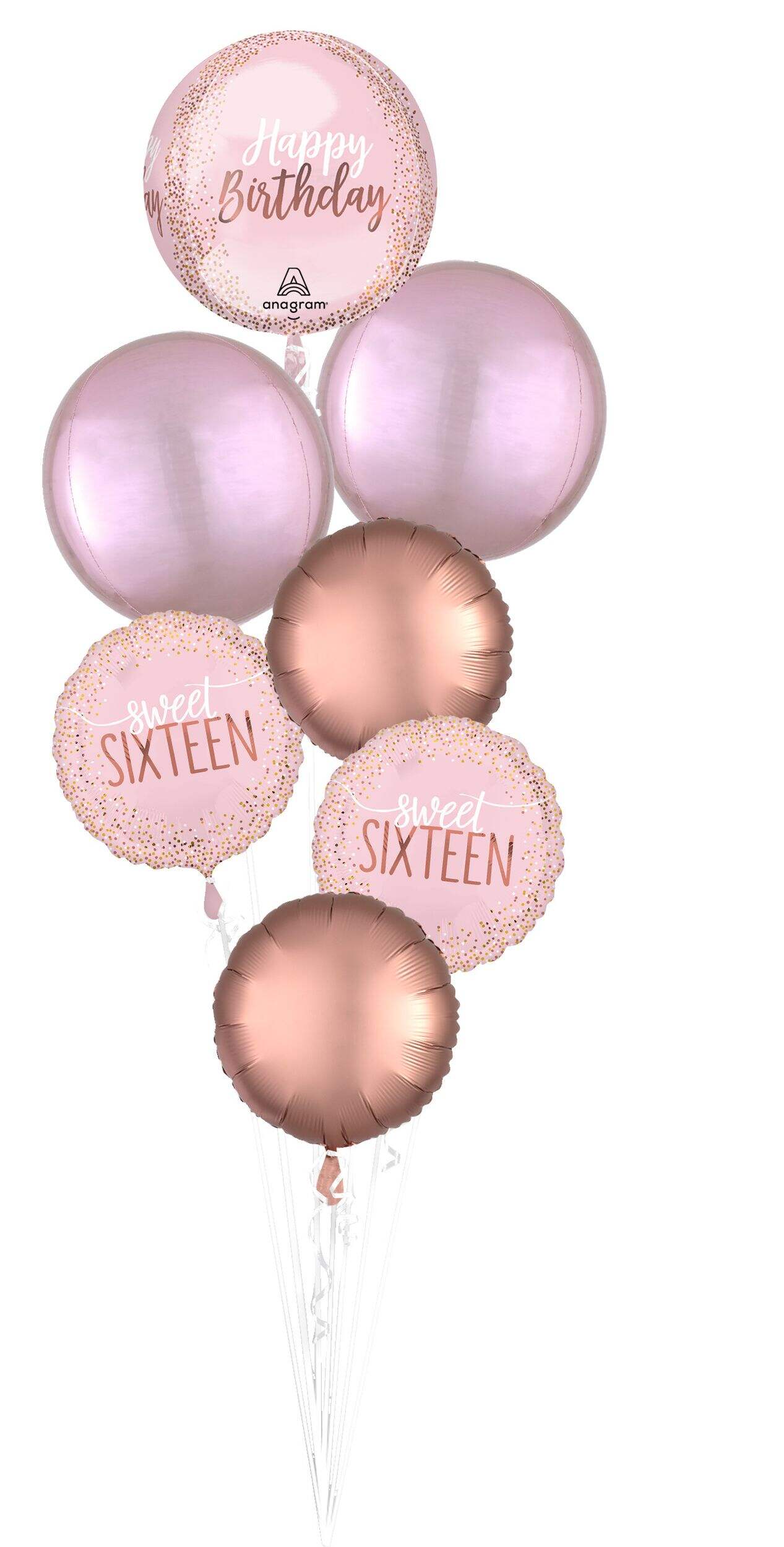 Sweet Sixteen "Happy Birthday" Round/Orbz Satin Foil Balloon Bouquet, Rose Gold/Pink, 7-pk, Helium Inflation & Ribbon Included for Birthday Party Front_Flat