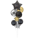 Bouquet de ballons en aluminium satiné célébration étincelante Happy Birthday, étoile et orbe, noir/or, paq. 8, ruban et gonflage hélium compris, pour fête d'anniversaire Front_Flat