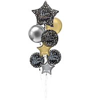 Sparkling Celebration "Happy Birthday" Star/Orbz Satin Foil Balloon Bouquet, Black/Gold, 8-pk, Helium Inflation & Ribbon Included for Birthday Party