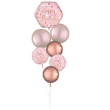 Blush Birthday "Happy Bday" Round/Orbz Satin Foil Balloon Bouquet, Rose Gold/Pink, 7-pk, Helium Inflation & Ribbon Included for Birthday Party Front_Flat