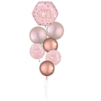 Blush Birthday "Happy Bday" Round/Orbz Satin Foil Balloon Bouquet, Rose Gold/Pink, 7-pk, Helium Inflation & Ribbon Included for Birthday Party