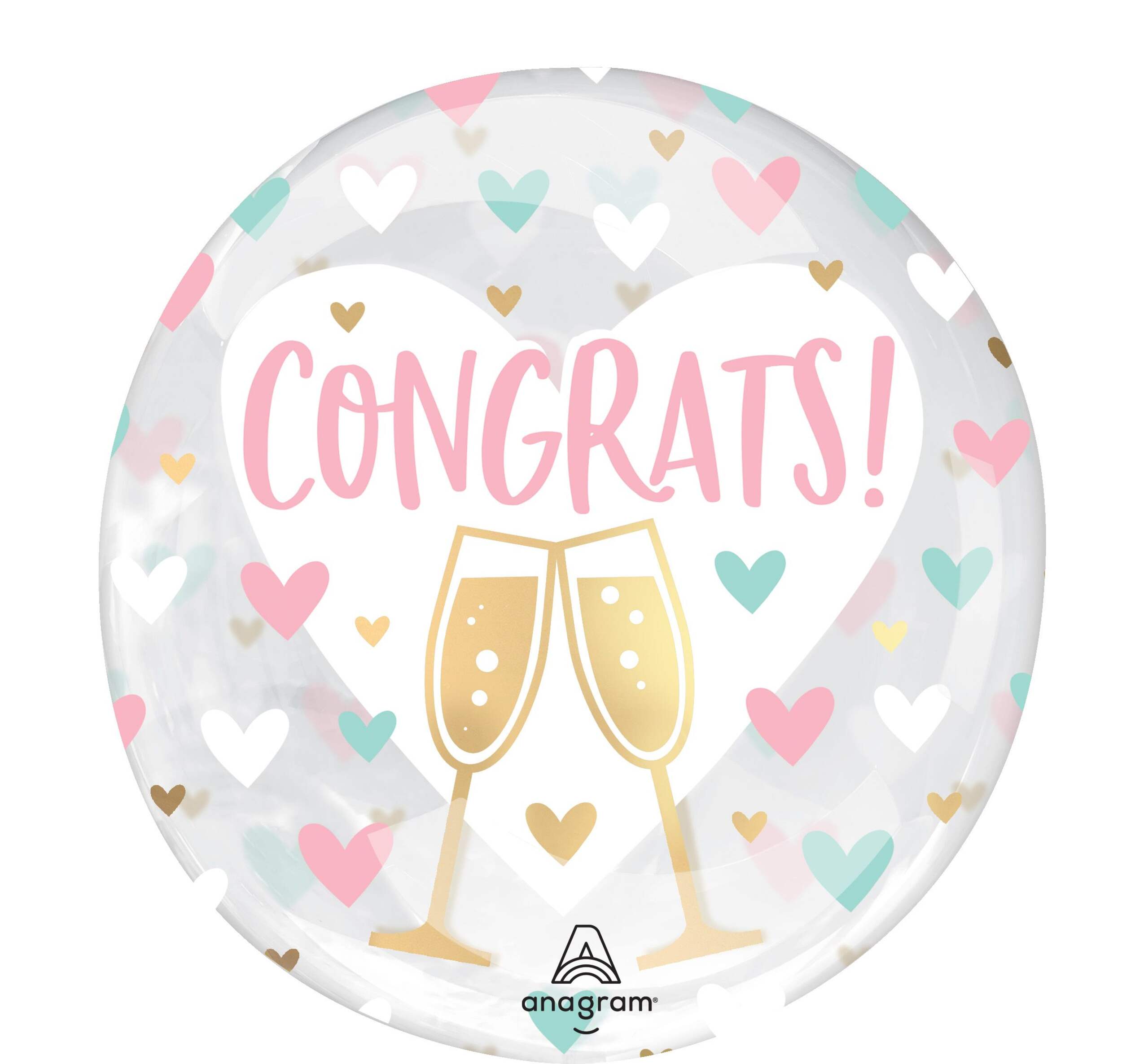 "Congrats" Orbz Transparent Print Clearz Foil Balloon, White/Gold, Heart, 18-in, Helium Inflation & Ribbon Included for Engagement/Wedding/Retirement Front_Flat