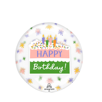 "Happy Birthday" Orbz Transparent Print Clearz Foil Balloon, Pink/Green, Birthday Cake, 18-in, Helium Inflation & Ribbon Included for Birthday Party Front_Flat