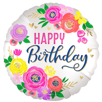 "Happy Birthday" Round Satin Foil Balloon, Multi-Coloured, Floral, 18-in, Helium Inflation & Ribbon Included for Birthday Party Front_Flat