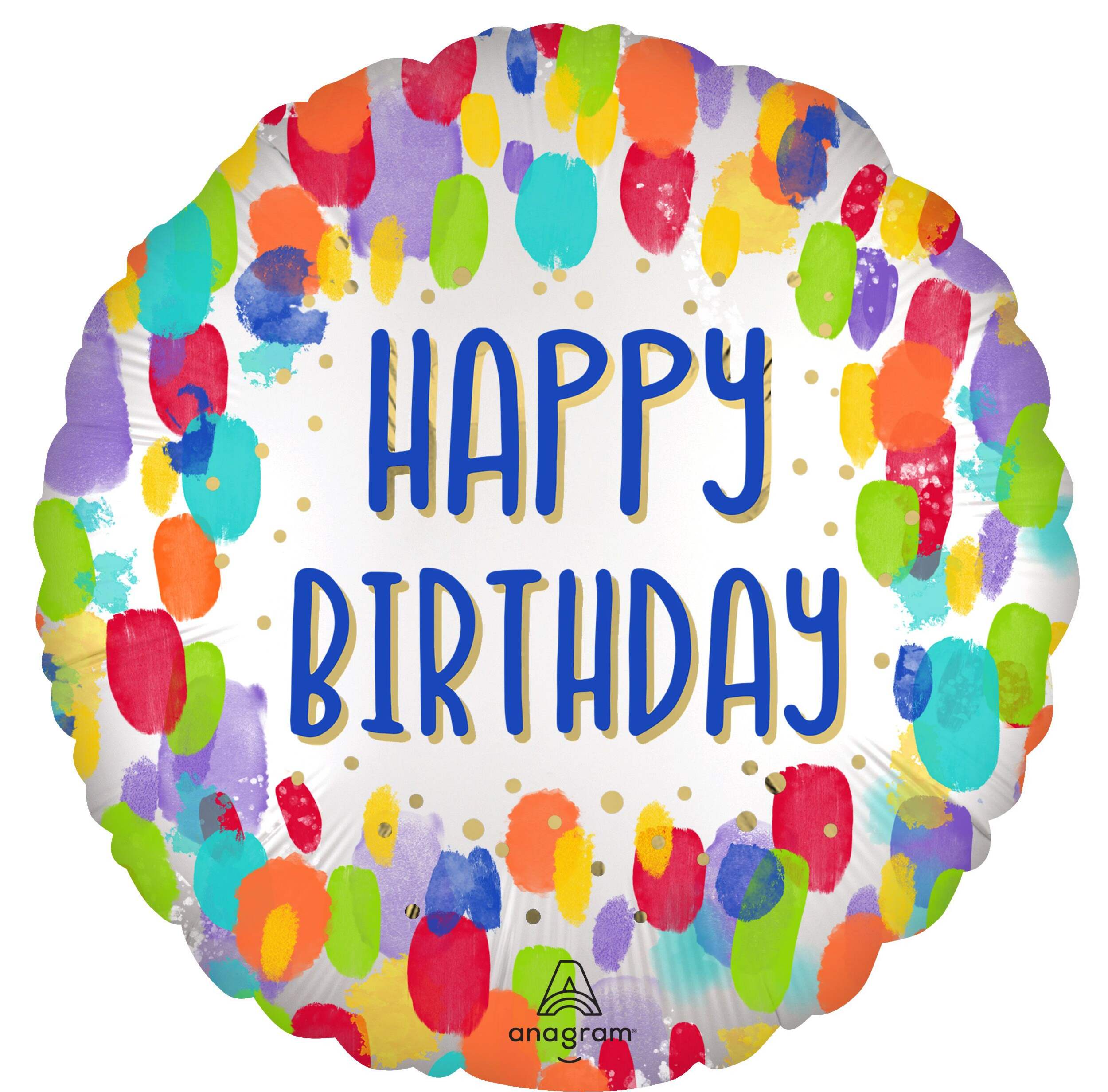 "Happy Birthday" Round Satin Foil Balloon, Multi-Coloured, Painterly Dots, 18-in, Helium Inflation & Ribbon Included for Birthday Party Front_Flat