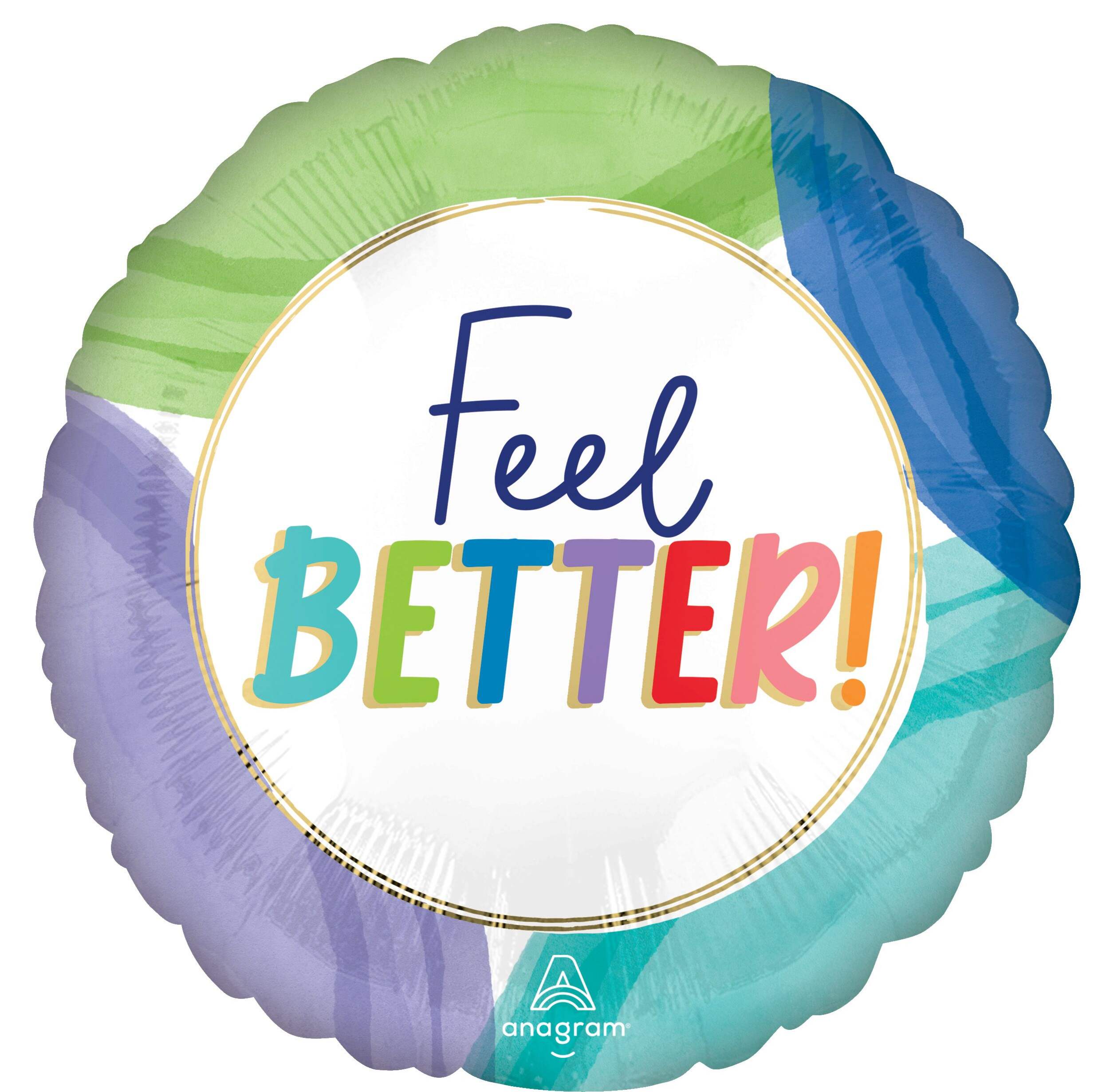 "Feel Better" Round Satin Foil Balloon, White/Multi-Coloured, 18-in, Helium Inflation & Ribbon Included Front_Flat