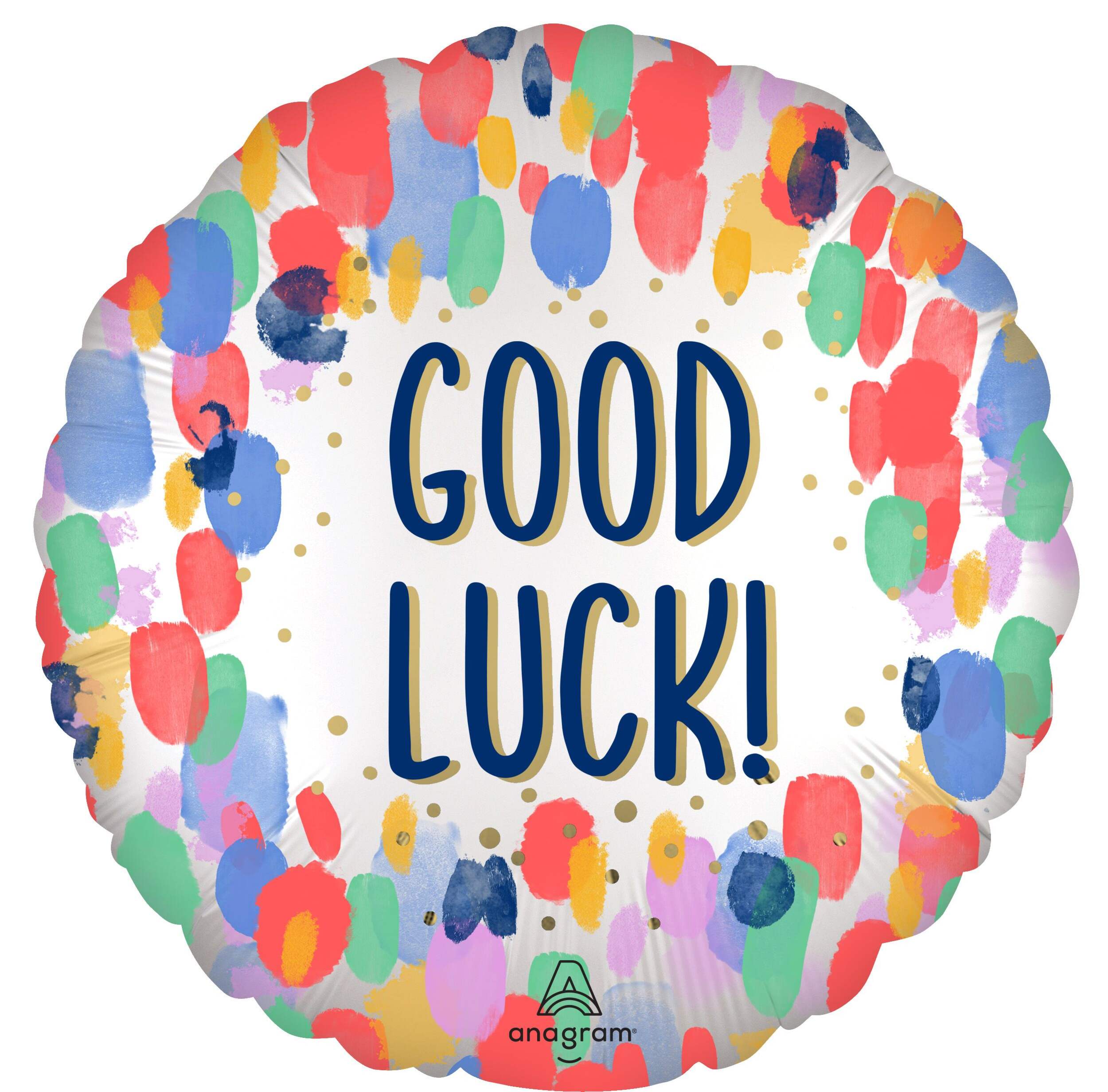"Good Luck" Round Satin Foil Balloon, Multi-Coloured, Painterly Dots, 28-in, Helium Inflation & Ribbon Included for Special Occasion Front_Flat