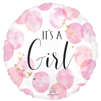 "It's a Girl" Round Satin Foil Balloon, Pink/White, Watercolour Polka Dot, 18-in, Helium Inflation & Ribbon Included for Baby Shower Front_Flat