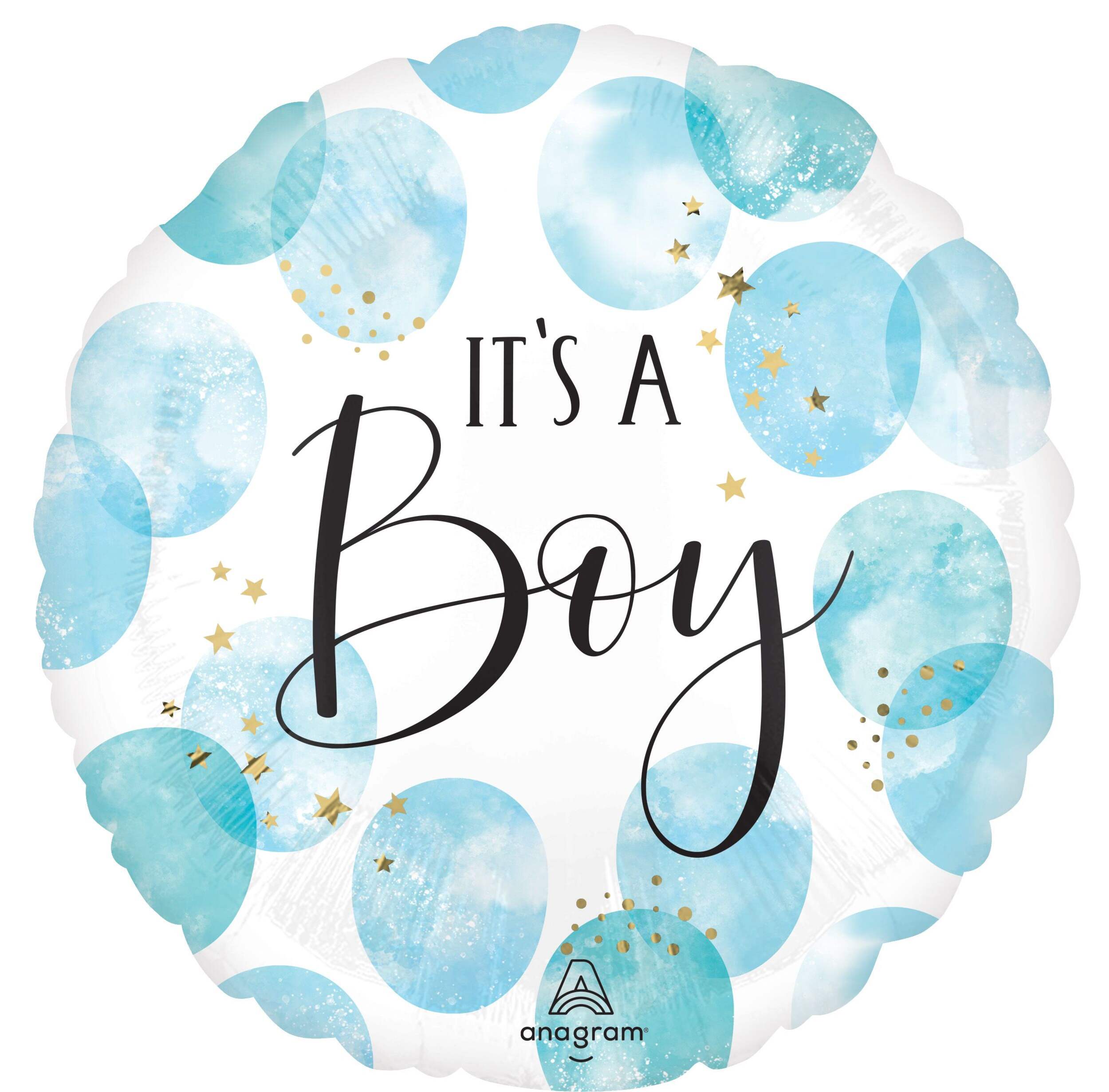 "It's a Boy" Round Satin Foil Balloon, Blue/White, Watercolour Polka Dot, 28-in, Helium Inflation & Ribbon Included for Baby Shower Front_Flat