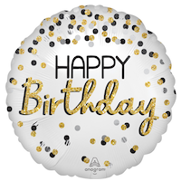 Ballon en aluminium satiné rond Happy Birthday, blanc/or, à pois, 28 po, gonflement à l'hélium et ruban inclus, pour fête d'anniversaire Front_Flat