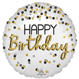 "Happy Birthday" Round Satin Foil Balloon, Gold/Black, Polka Dot, 18-in, Helium Inflation & Ribbon Included for Birthday Party Front_Flat