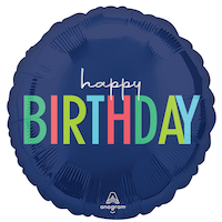 "Happy Birthday" Round Satin Foil Balloon, Navy Blue, 18-in, Helium Inflation & Ribbon Included for Birthday Party