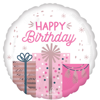 "Happy Birthday" Round Satin Foil Balloon, White/Pink, Birthday Presents, 18-in, Helium Inflation & Ribbon Included for Birthday Party