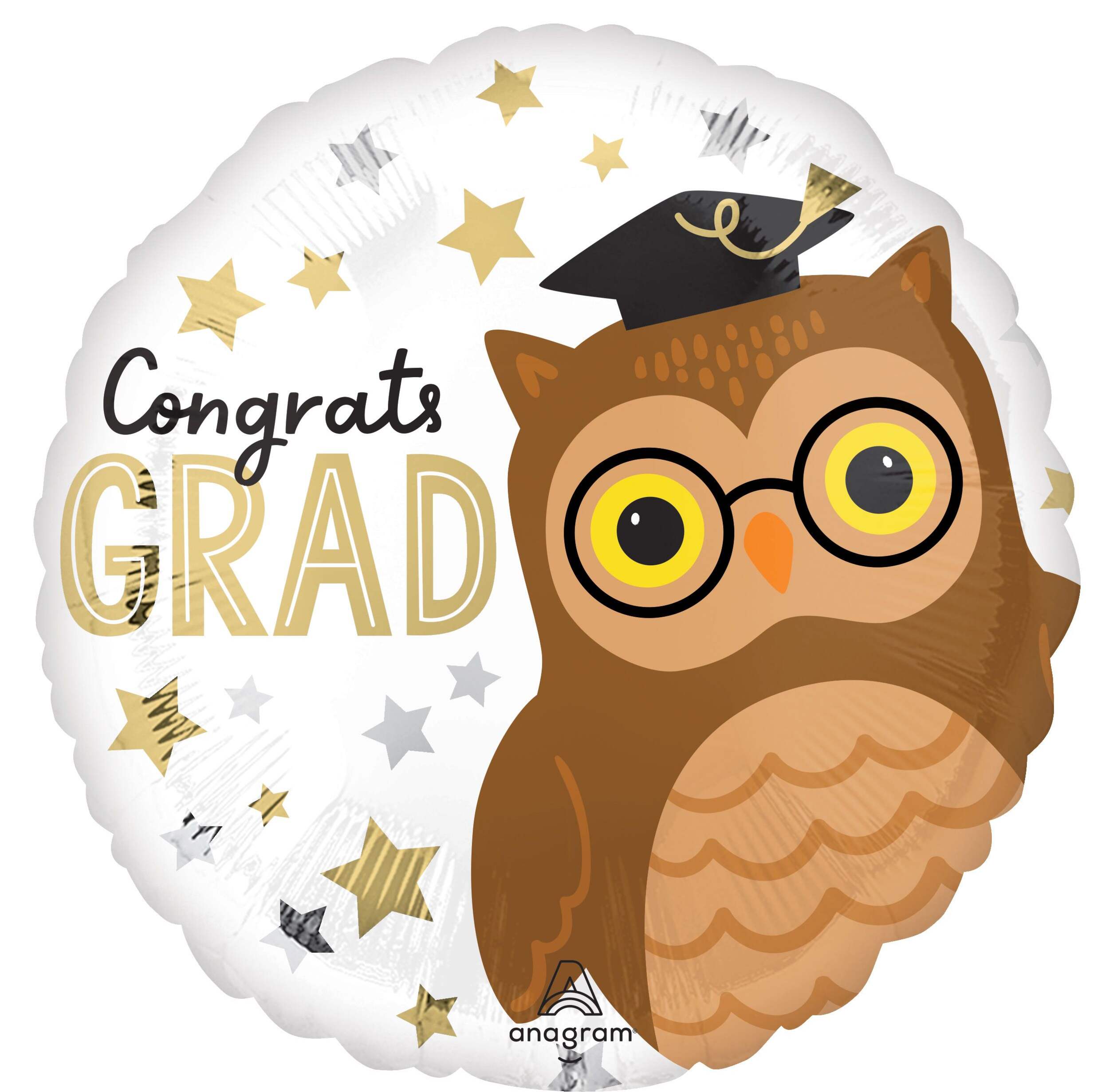Owl "Congrats Grad" Round Satin Foil Balloon, White/Brown, 18-in, Helium Inflation & Ribbon Included for Graduation Front_Flat