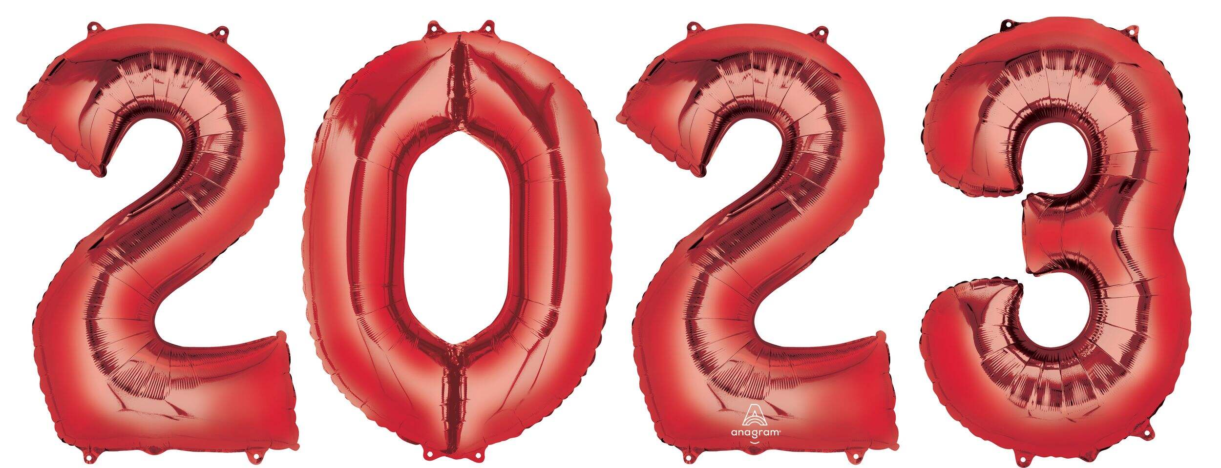"2023" Numbers Satin Number Bunch Foil Balloon, Red, 34-in, 4-pk, Helium Inflation & Ribbon Included for New Year's Eve/Graduation Front_Flat