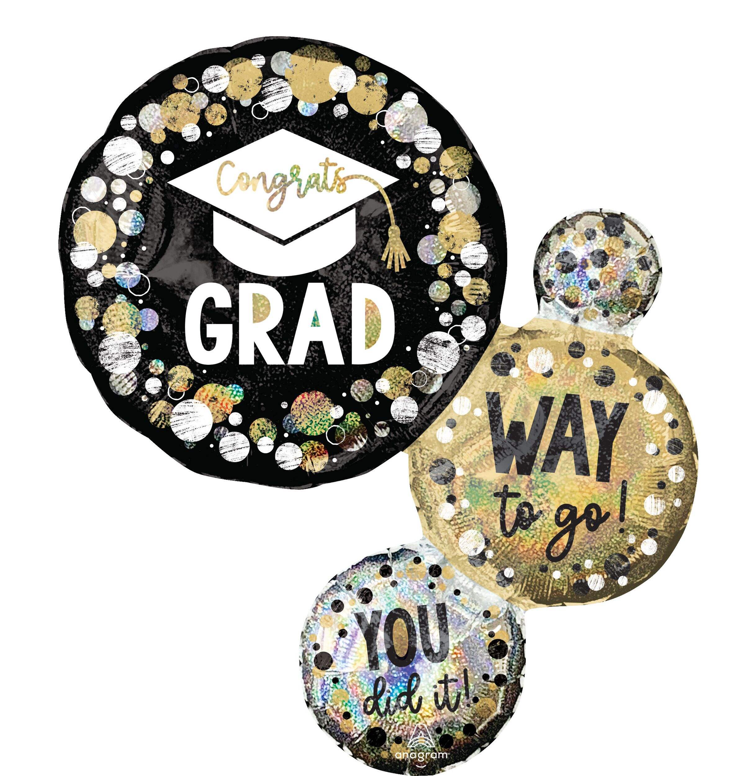 "Congrats Grad" Round Satin Stacked Foil Balloon, Black/Gold, Polka Dot, 28-in, Helium Inflation & Ribbon Included for Graduation Front_Flat