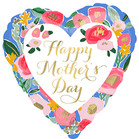 "Happy Mother's Day" Heart Satin Foil Balloon, White/Multi-Coloured, Floral, 18-in, Helium Inflation & Ribbon Included for Mother's Day Front_Flat