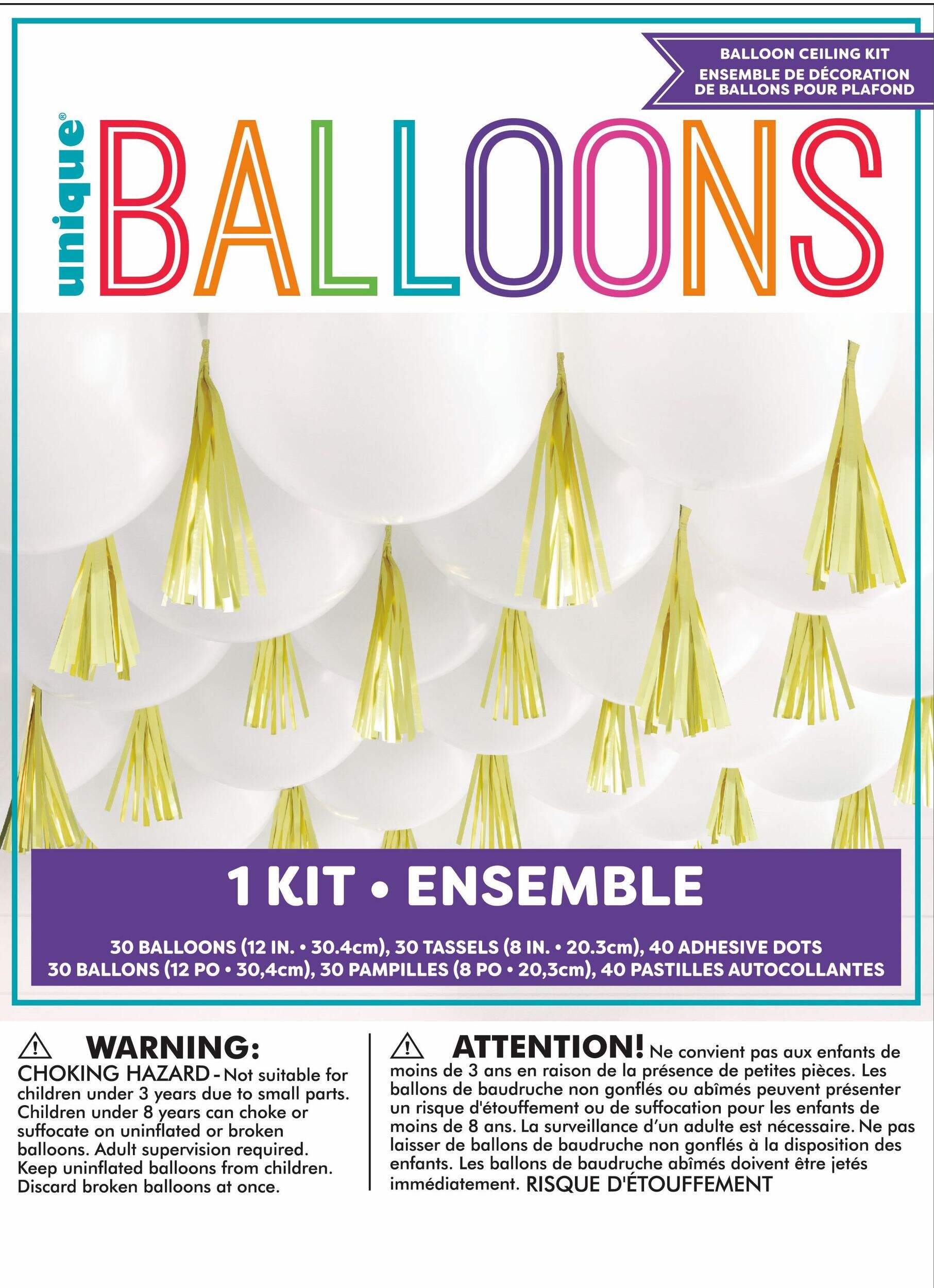 Round Latex Balloon Ceiling Kit with Tassels, White/Gold, 12-in, 30-pk, for Wedding/Engagement Party Front_Flat
