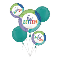 "Feel Better" Round Satin Foil Balloon Bouquet, Blue/Green/Purple, 5-pk, Helium Inflation & Ribbon Included Front_Flat