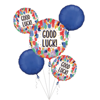 "Good Luck" Round Satin Foil Balloon Bouquet, Blue/Multi-Coloured, Painterly Dots, 5-pk, Helium Inflation & Ribbon Included for Special Occasion Front_Flat