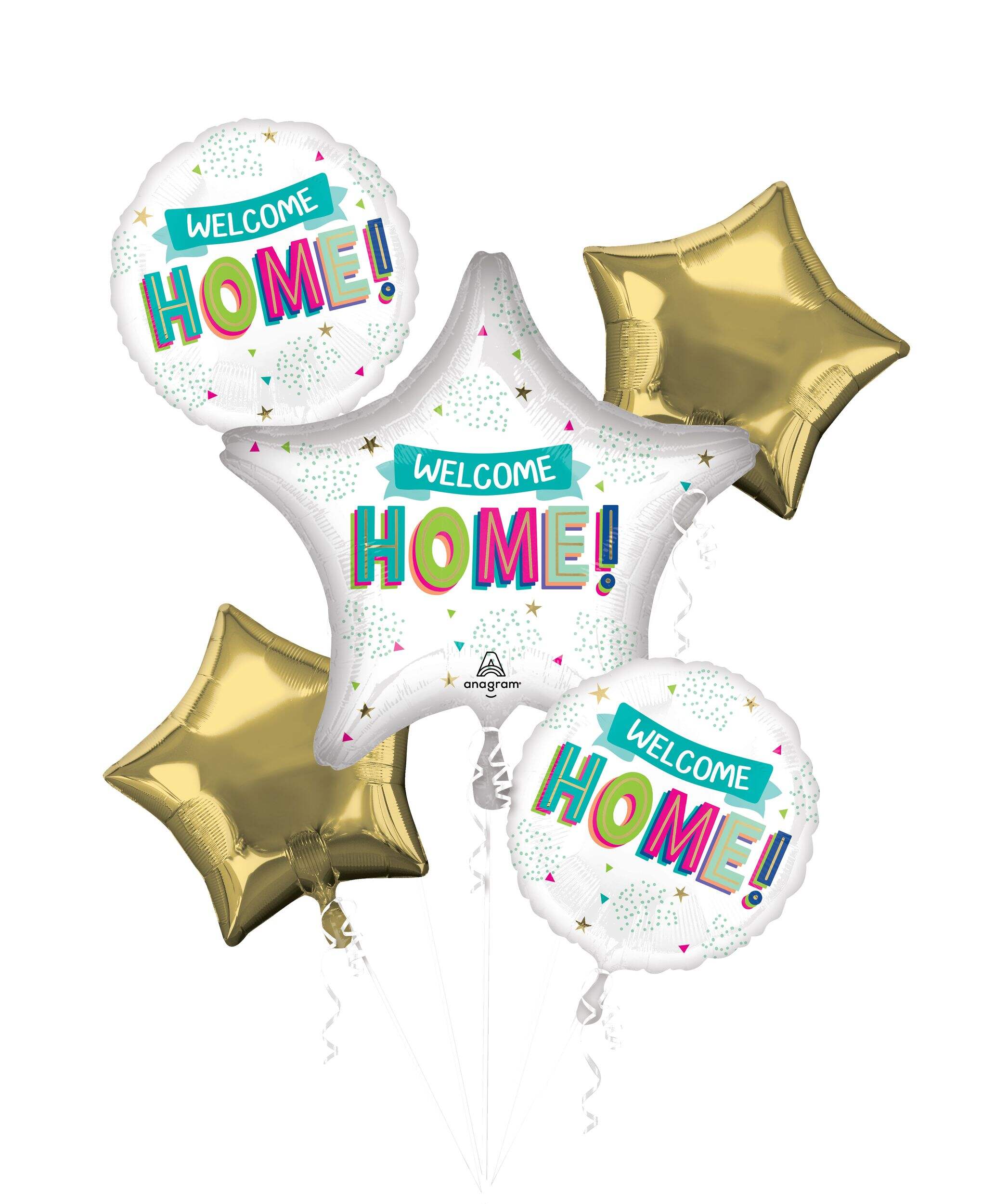 "Welcome Home" Satin Foil Balloon Bouquet, White/Gold, 5-pk, Helium Inflation & Ribbon Included Front_Flat