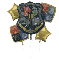 Harry Potter "Hogwarts" House Logo/Star/Square Satin Foil Balloon Bouquet, Black/Gold, 5-pk, Helium Inflation & Ribbon Included for Birthday Party