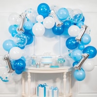 "1" Round Transparent Confetti Latex Balloon Garland Arch Kit, Blue/Silver/White, for Birthday Party Front_Flat