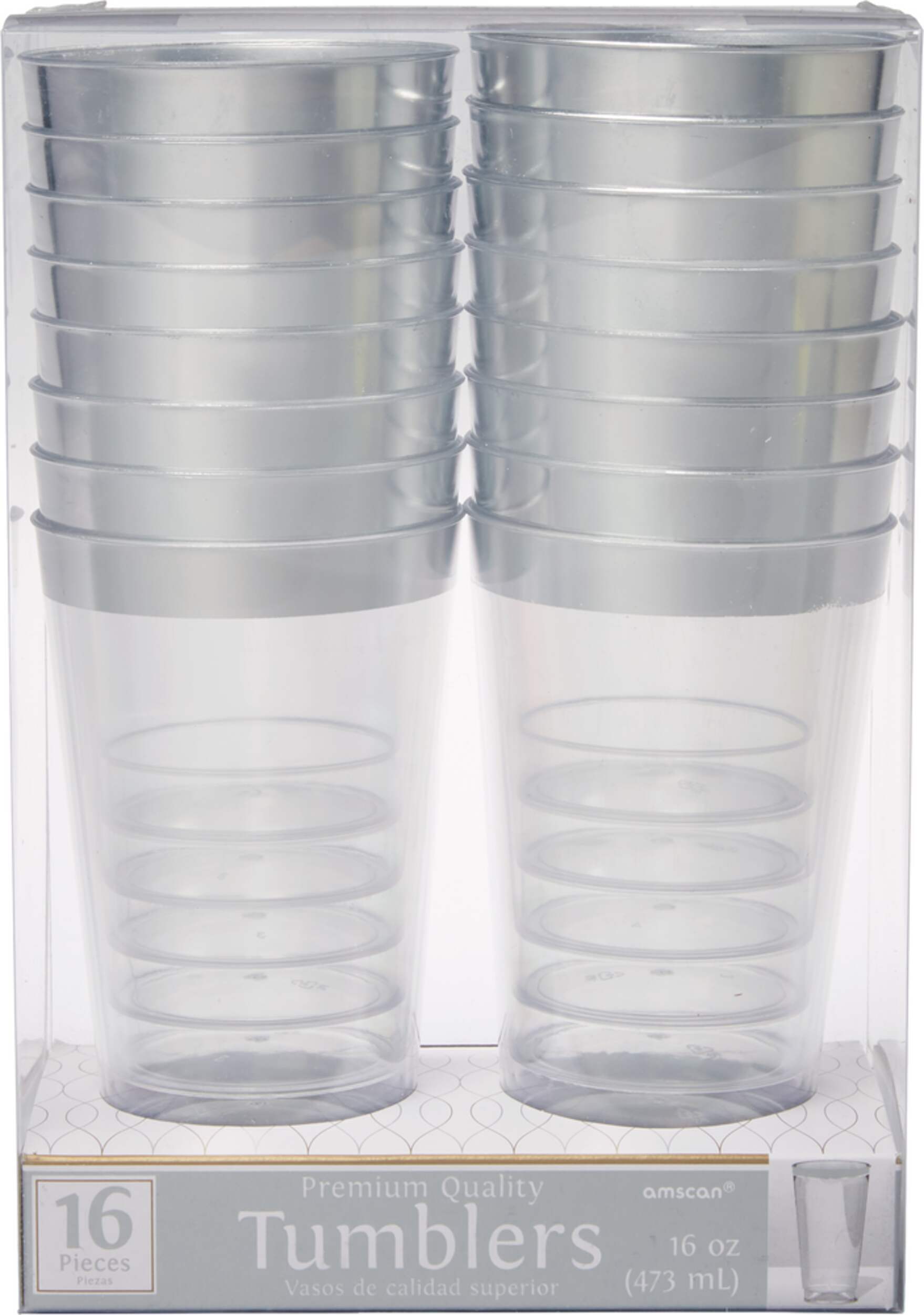 Bordered Trimmed Plastic Reusable Tumbler Cups, Clear/Silver, 16-oz, 16 ...