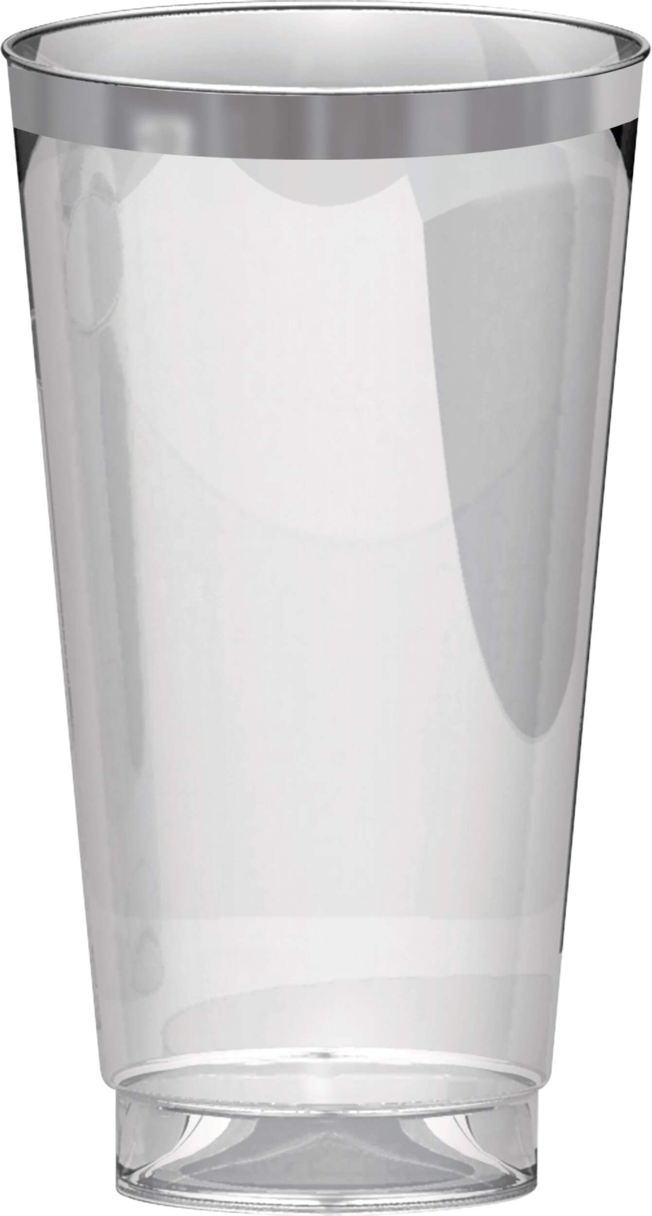 Bordered Trimmed Plastic Reusable Tumbler Cups, Clear/Silver, 16-oz, 16-pk, for New Year's Eve/Christmas/Graduation Front_Elevated