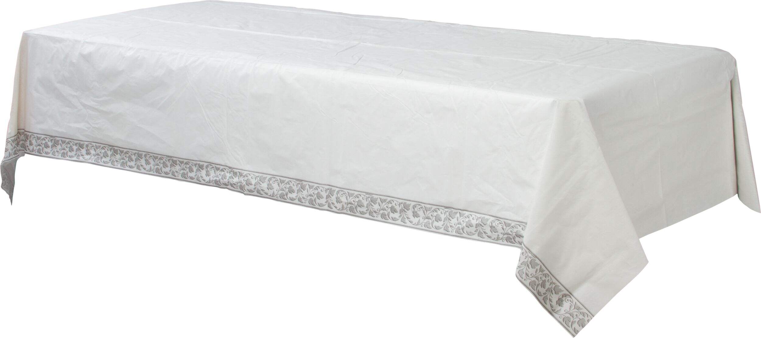 Rectangle Paper Disposable Table Cover, White/Silver, Floral Greenery, 54x102-in, for Anniversary Party Front_Angled_Left