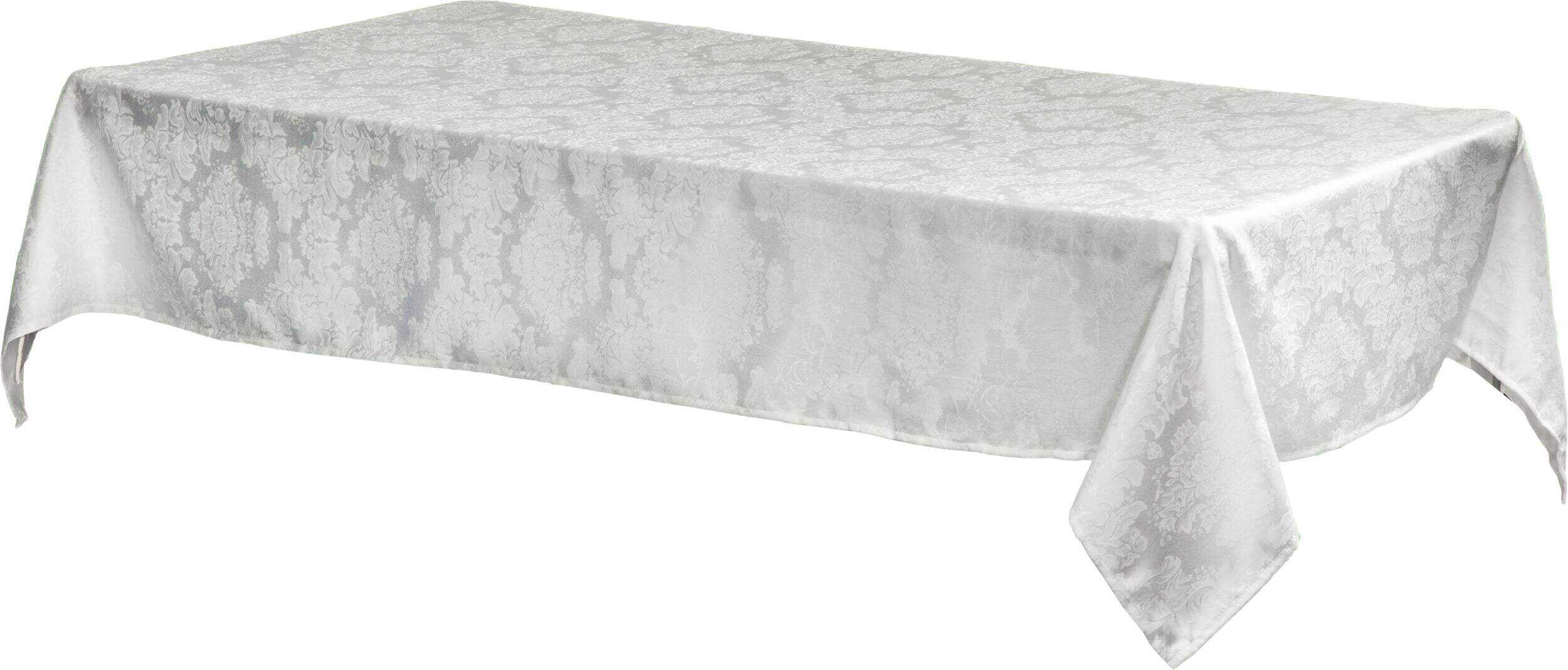 Damask Fabric Tablecloth, White Front_Angled_Left